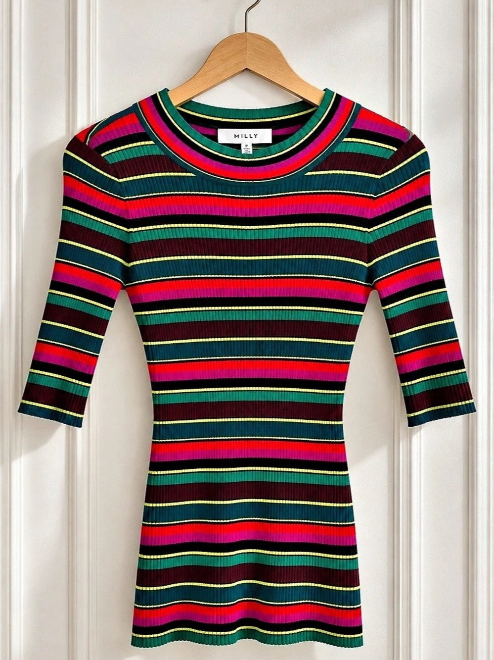 Milly Striped Long Sleeve Top in Green & Pink Size O